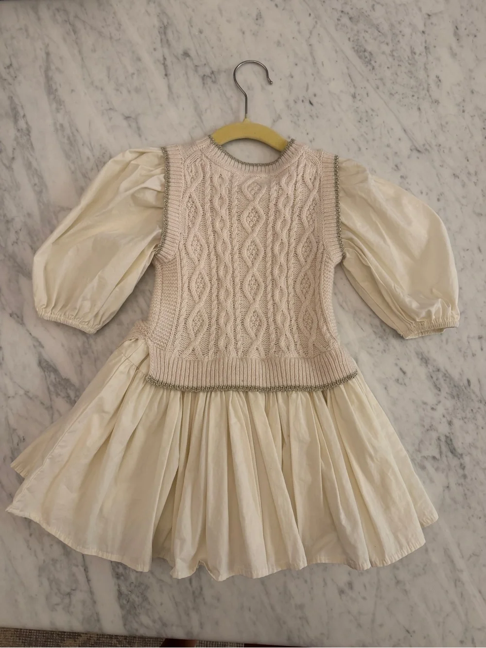 Cream Cable-Knit Bodice Puff-Sleeve Girls Dress